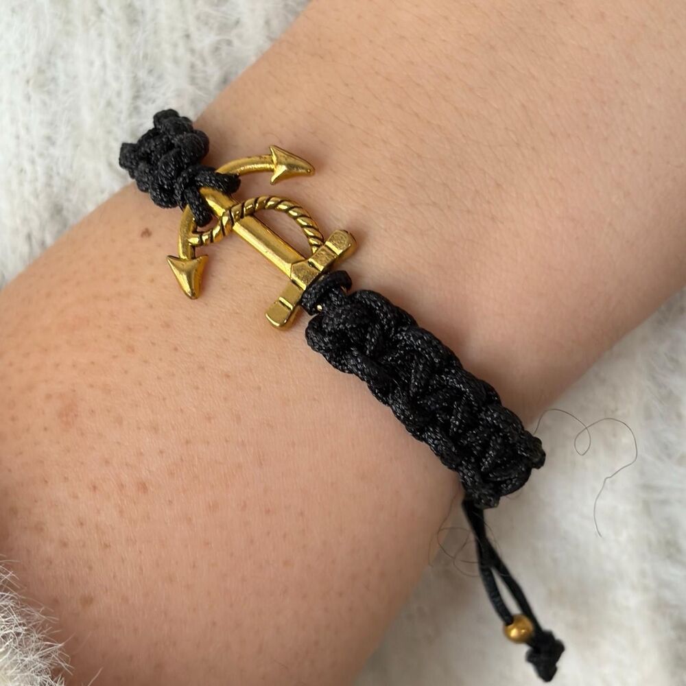 Black Braided Cord Anchor Bracelet Gold Tone Nautical Adjustable Rope - Picture 2 of 8